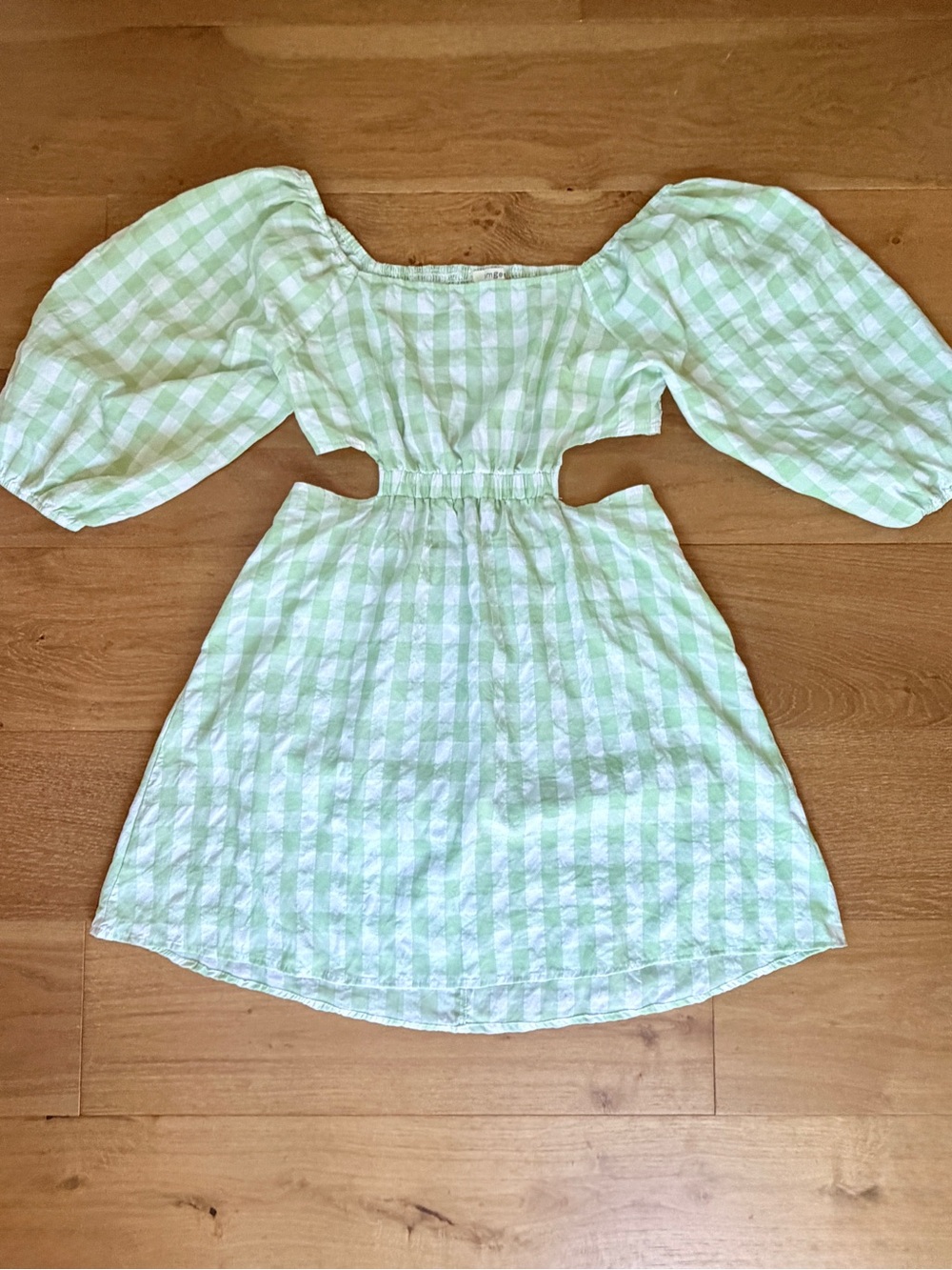 Umgee Cutout Mini Dress Gingham Puff Sleeve Mint Green Smocked Cottage Wms Large